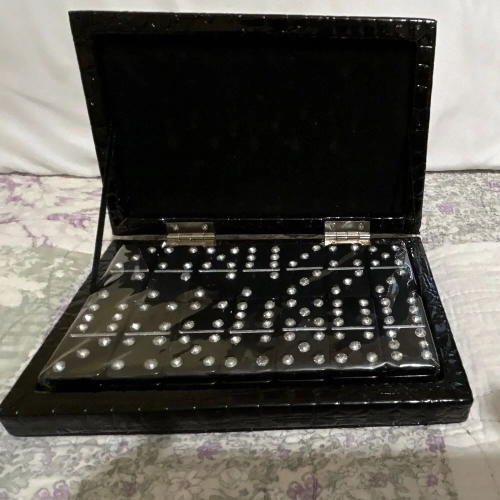 Dominoes Board Game Complete Folding Set w/ Black Hinged Case “Diamond” Dots